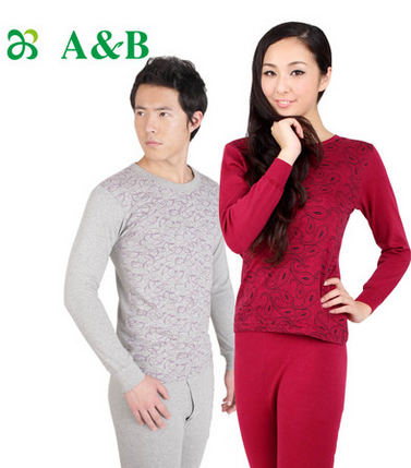 AB内衣纯棉印花圆领情侣棉毛衫裤 男女保暖内衣