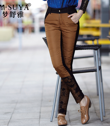 梦舒雅女裤冬款拼接羽绒裤女外穿撞色小脚裤棉