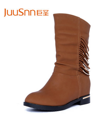 巨圣新款2013秋靴子女鞋内增高中筒靴平跟金属装