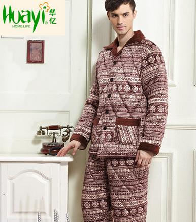 华亿男士冬款睡衣三层加厚超柔珊瑚绒保暖夹棉