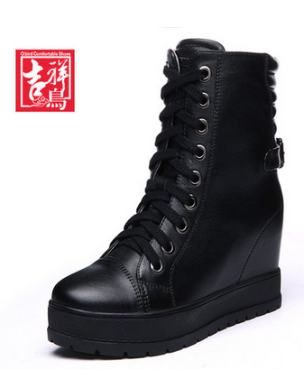 吉祥鸟秋冬真皮棉鞋内增高女鞋厚底松糕短靴潮