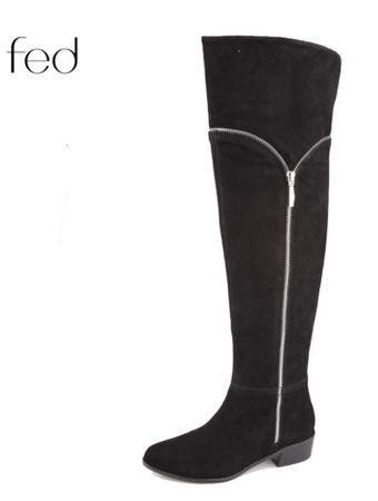 fed秋冬新款黑色反毛皮休闲侧拉链尖头长靴女靴