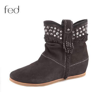 fed秋冬新款休闲气质女靴反毛皮中跟平底短靴