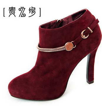 贵之步 2013秋冬款坡跟羊皮真皮细跟拉链高跟短靴