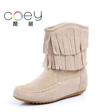 COEY酷丽 休闲流苏靴 真皮平跟内增高流苏短靴女