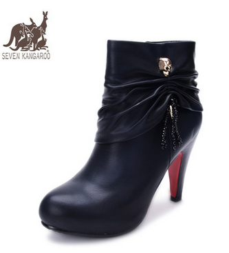 袋鼠秋冬新款短靴女靴细跟水钻骑士靴女鞋