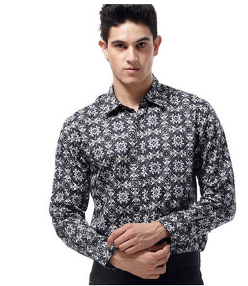 马基堡MGB 黑色典雅印花 全棉 长袖衬衫