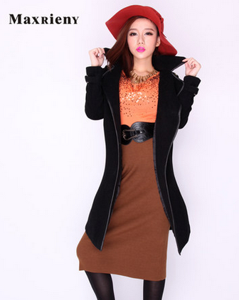 玛克茜妮简约黑色羊毛呢翻领中长大衣外套女秋