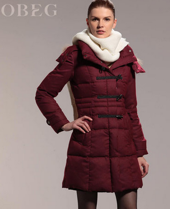 欧碧倩2013秋冬新款白鸭绒中长羽绒服通勤连帽貉