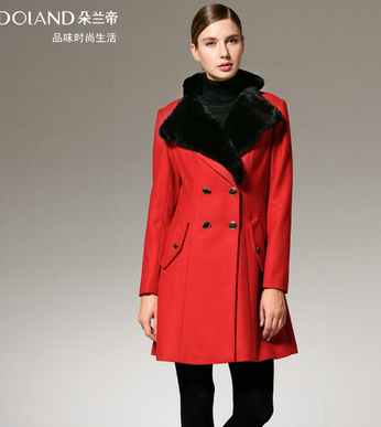 朵兰帝2013冬装新款中长款女装毛领毛呢大衣