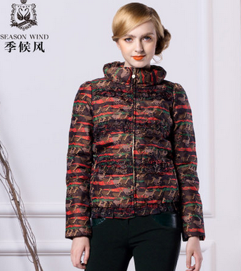 季候风2013新品冬装 通勤复古花色立领褶皱加厚修