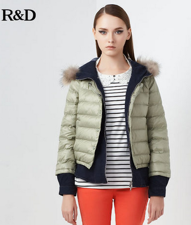 索典2012秋冬新款连帽毛领牛仔拼接假两件羽绒服