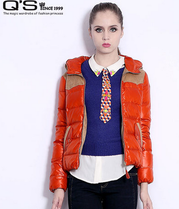 QS秸熙女装2013冬装新款 撞色拼接斜插袋立领连衣