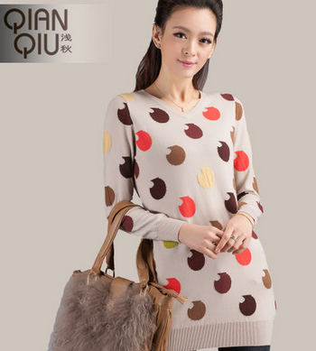 浅秋 冬季新款 淑女长袖修身v领波点羊毛衫套衫