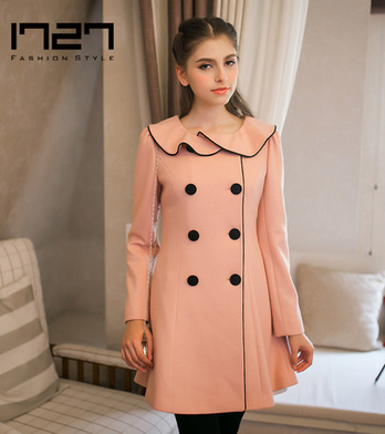 1727品牌女装 2013冬款羊毛大衣双排扣荷叶领长袖