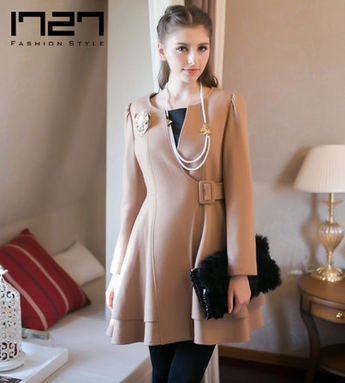 1727品牌女装 2013冬款羊毛大衣长袖V领收腰显瘦毛