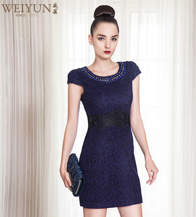 威芸2013冬新款领圈钉珠水溶蕾丝花短袖毛呢连衣