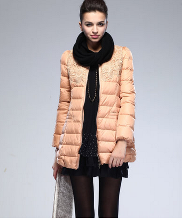 范多伦 秋冬新款蕾丝圆领品牌中长款羽绒服正品