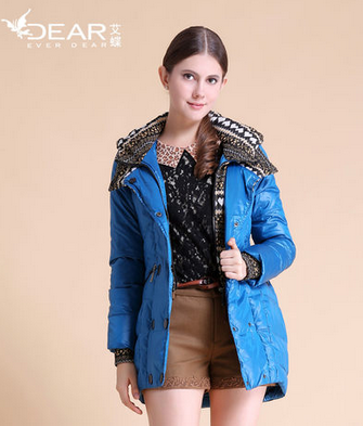 艾蝶2013冬中长款双层领加厚拼接双排口羽绒服