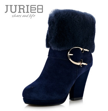 巨日2013冬季新款短靴 真皮兔毛粗跟女鞋 时尚金