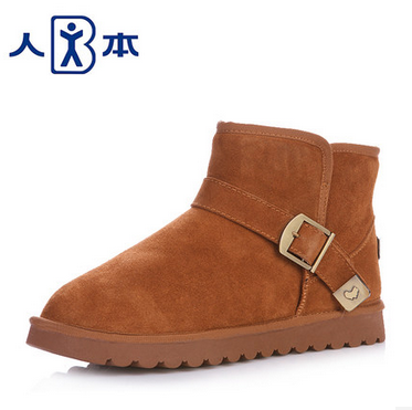 人本 时尚真牛皮搭扣情侣雪地靴休闲保暖靴子