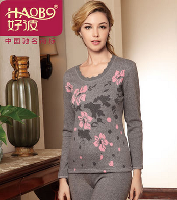 好波暖恋 圆领花边烫钻女士加绒加厚保暖内衣套