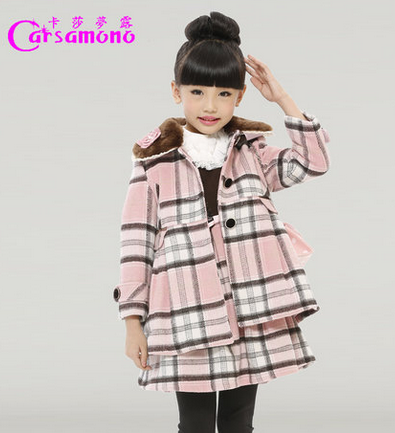 新款儿童风衣呢子外套+女孩连衣裙子两件套