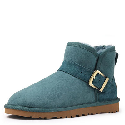 丁伊墨绿色羊皮毛一体被带女款绒面雪地靴