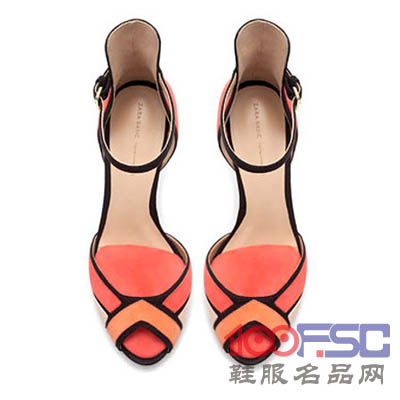 ZARA拼色鱼嘴细跟高跟鞋真皮罗马鱼嘴凉鞋