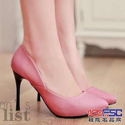 尖头荔枝纹浅口细跟高跟单鞋