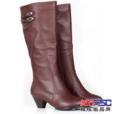 优尚伊保暖真皮中跟女式高筒靴