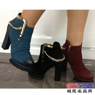 贵之族黑色、兰色、酒红链条高跟女式短靴