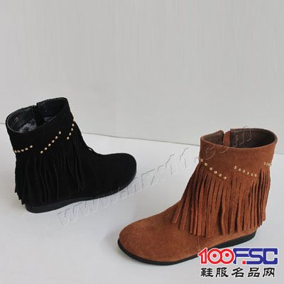 广百圆真皮正品流苏平底短靴