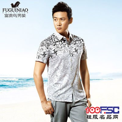 富贵鸟生活休闲系列男士丝光棉翻领短袖衬衫