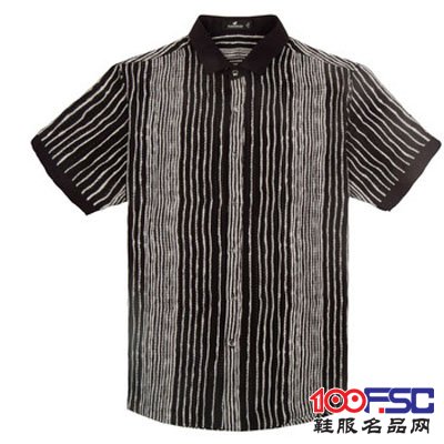 富贵鸟时尚休闲系列男士异色领不规则竖条纹短袖衬衫