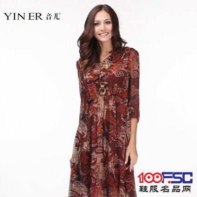 YINER音儿影儿专柜春装高端品牌桑蚕丝印花真丝连衣裙