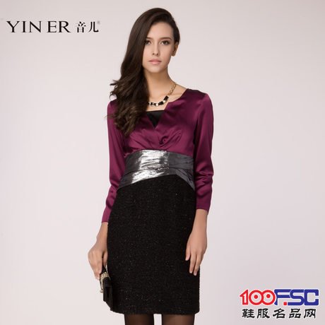 YINER音儿影儿专柜桑蚕丝收腰优雅真丝拼接连衣裙