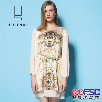 海兰丝正品女装2014春夏新款印花桑蚕丝真丝长袖连衣裙