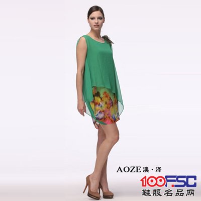 澳泽夏季新款两件套绿色雪纺连衣裙