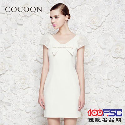 可可尼2014夏专柜同款V领蕾丝拼接OL修身雪纺连衣裙