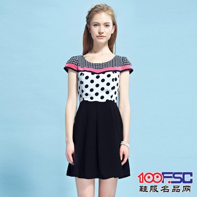 本白时尚撞色波点收腰百搭连衣裙