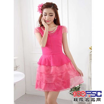 依诗嫚2014夏装新款粉红连衣裙