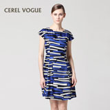 卡雷尔2014夏季新品几何条纹女士圆领短袖印花修身连衣裙