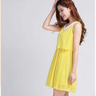 储恋2014夏装新款黄色假两件套连身裙