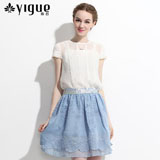 亦谷2014夏新品复古优雅清新短袖欧根纱绣花两件套雪纺衫