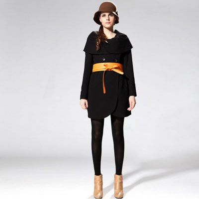 卓依尔冬季新品黑色长袖呢大衣