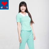 didot迪渡女士家居服睡衣套装短袖绿白条纹长裤内衣2件套