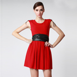 莫可秀拉红色收腰显瘦无袖连衣短裙
