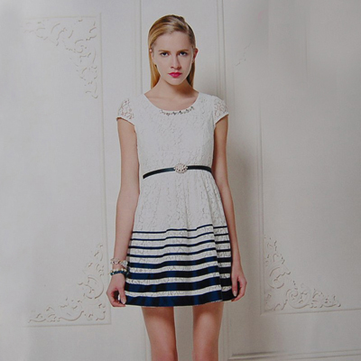 樱子亮金2014夏装新品女装圆领雪纺裙女短袖蕾丝连衣裙