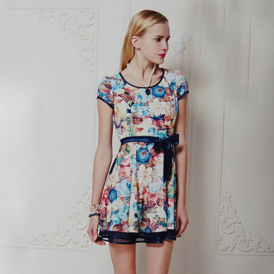 樱子亮金2014夏装新款女装雪纺裙女圆领欧根纱连衣裙